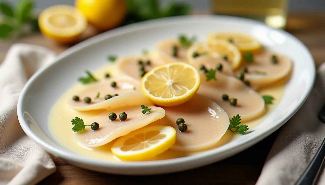 Vitello tonnato piémontais servi froid sur un plat ovale blanc, tranches de veau nappées de sauce au thon et câpres, avec un verre de vin blanc Gavi