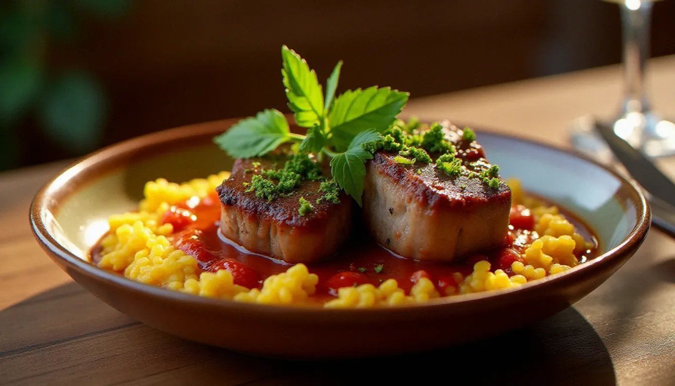 Osso buco alla milanese, recette italienne avec du veau braisé au vin blanc sur un lit de risotto au safran, servi dans un plat en céramique rustique