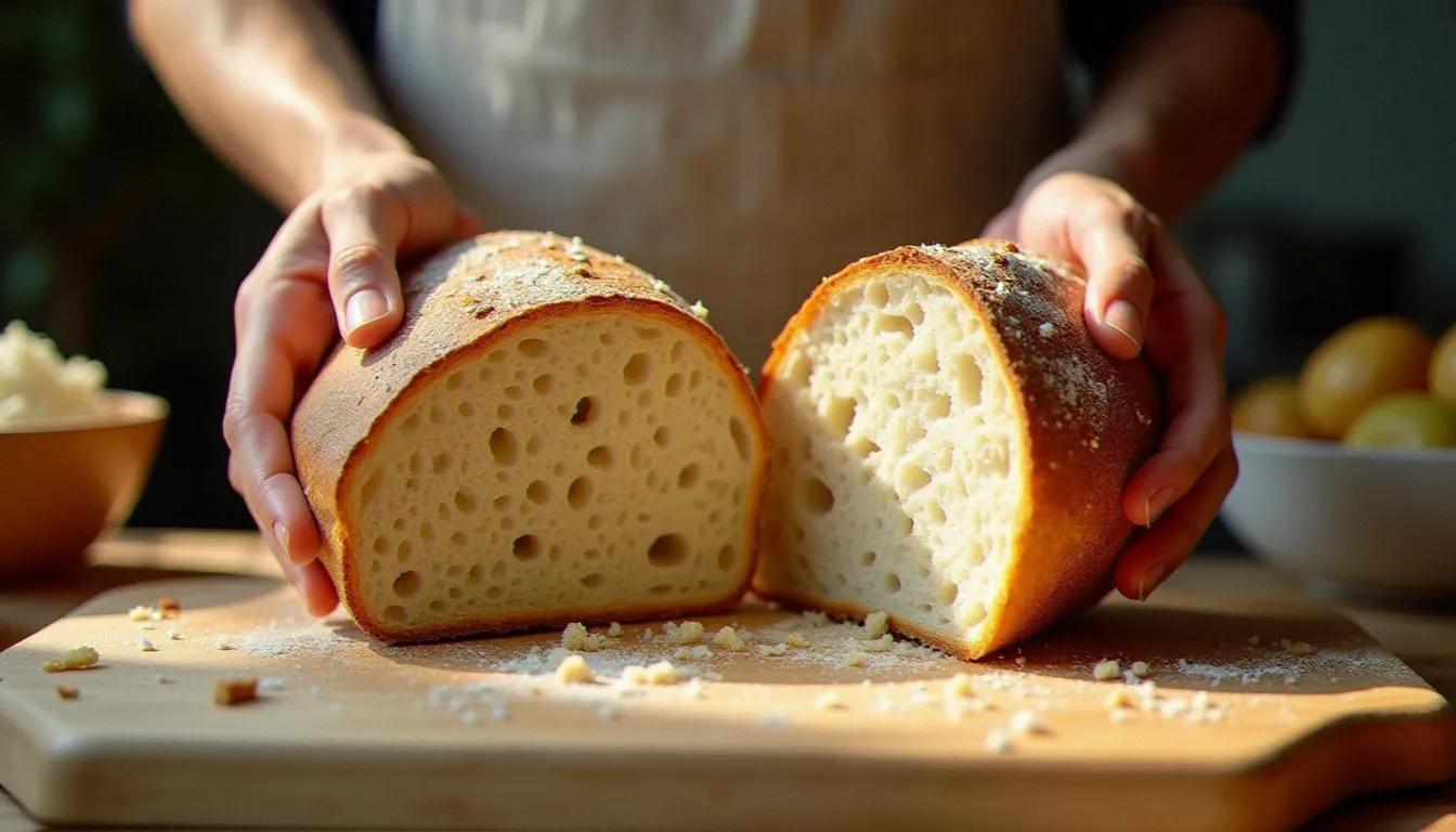 Mains qui cassent un pain toscan rassis et dur sur une planche en bois, gros plan illustrant le choix du pain pour une recette italienne avec pain rassis