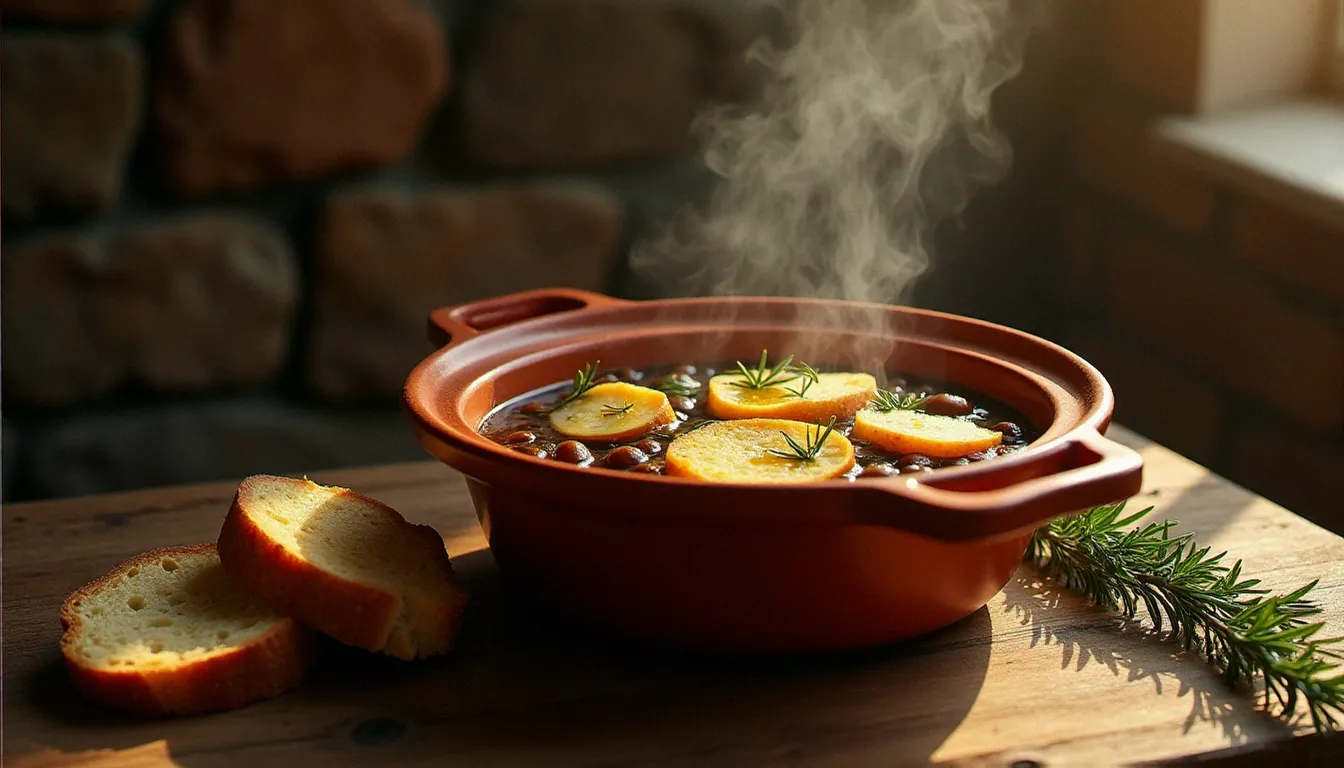 Pot en terre cuite de ribollita florentine fumante avec tranches de pain rassis absorbées dans la soupe épaisse aux haricots et au chou noir, recette italienne réconfortante avec pain rassis