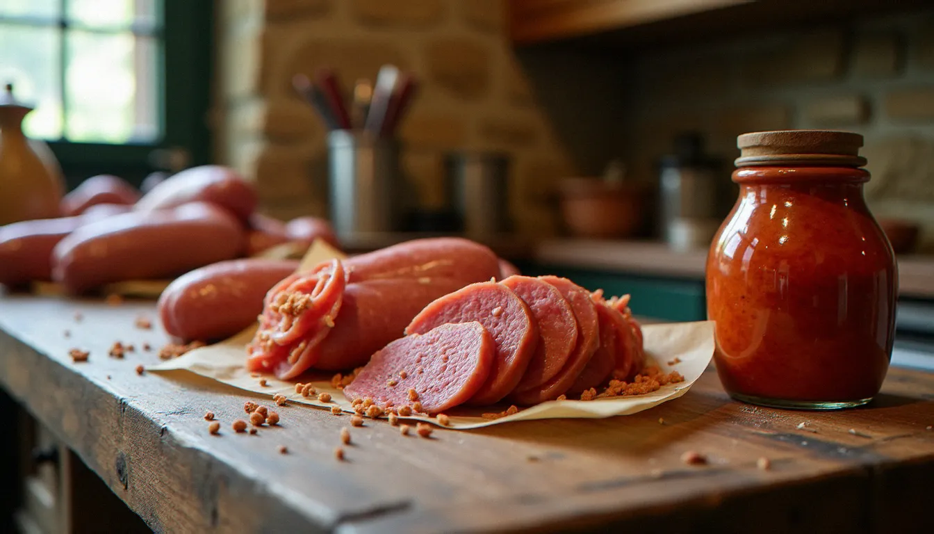 Trois variétés de saucisses italiennes artisanales présentées sur un comptoir de boucher en bois — luganega en spirale, salsiccia au fenouil et 'nduja calabraise en pot de terre cuite