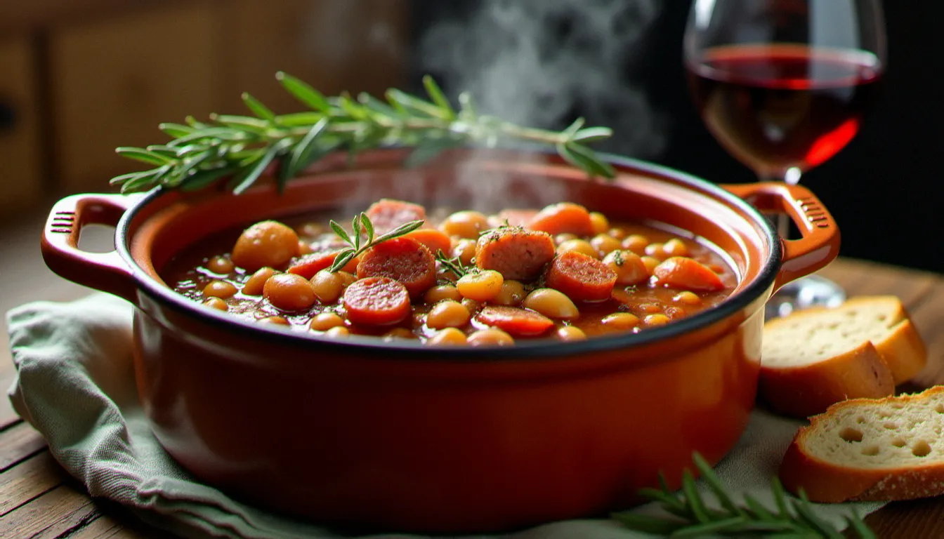Ragù piémontais de salsiccia et haricots borlotti mijotant dans une cocotte en terre cuite rustique, avec romarin et sauge frais, lumière chaude automnale et verre de vin rouge