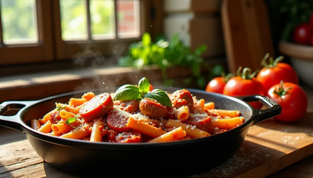 Rigatoni alla salsiccia dans une poêle en fonte avec sauce tomate San Marzano, saucisse italienne émiettée dorée, basilic frais et parmesan râpé, illustrant une recette italienne avec saucisse authentique
