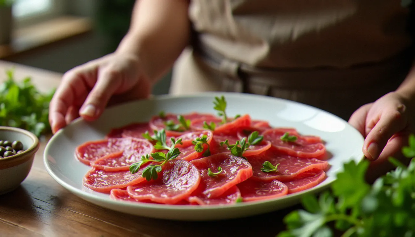Mains préparant un carpaccio de bœuf piémontais avec sauce aux anchois et câpres dans une cuisine française lumineuse