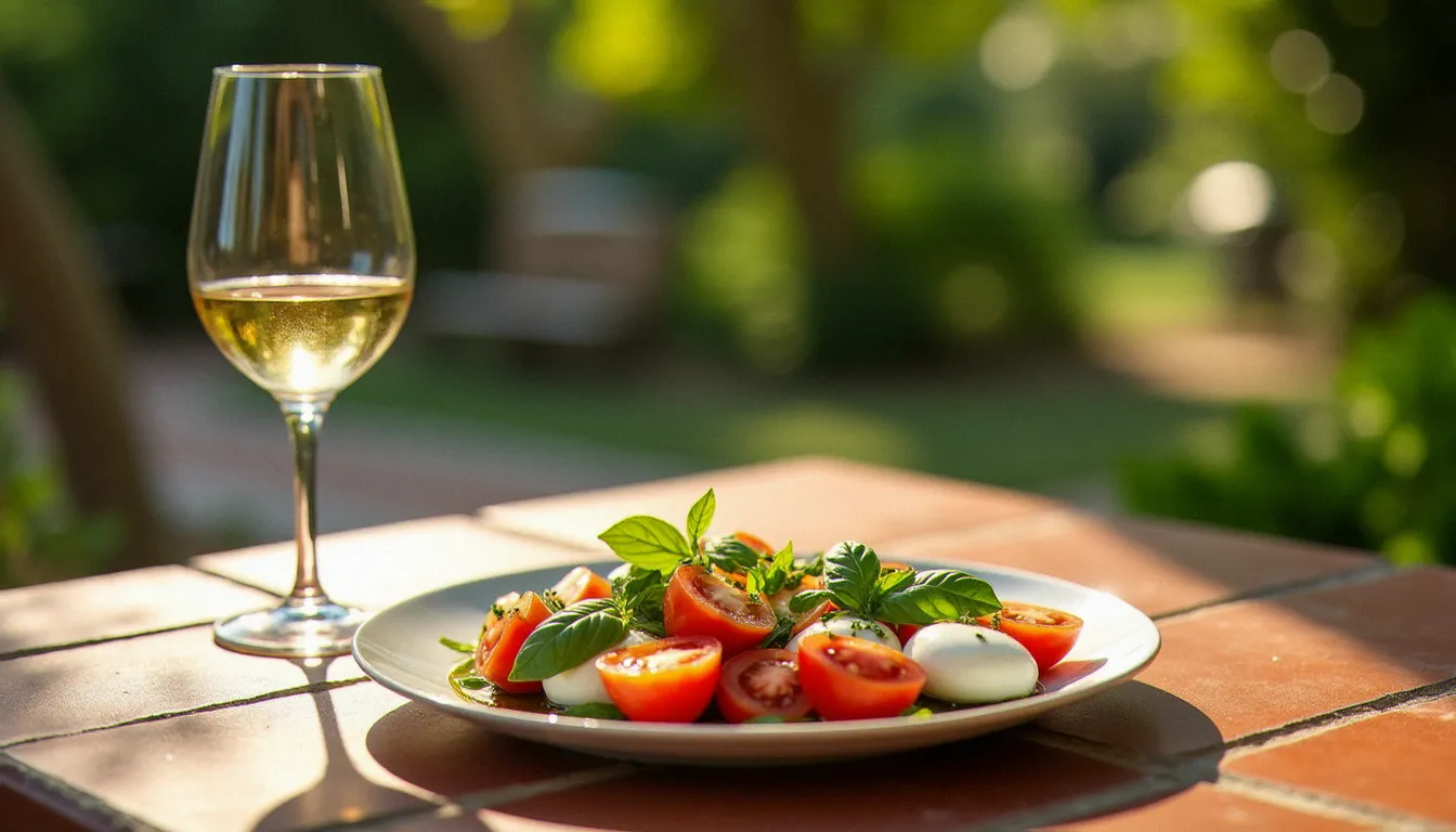 Accord parfait entre un verre de Vermentino frais et une insalata caprese à la mozzarella di bufala et tomates anciennes sur table estivale italienne