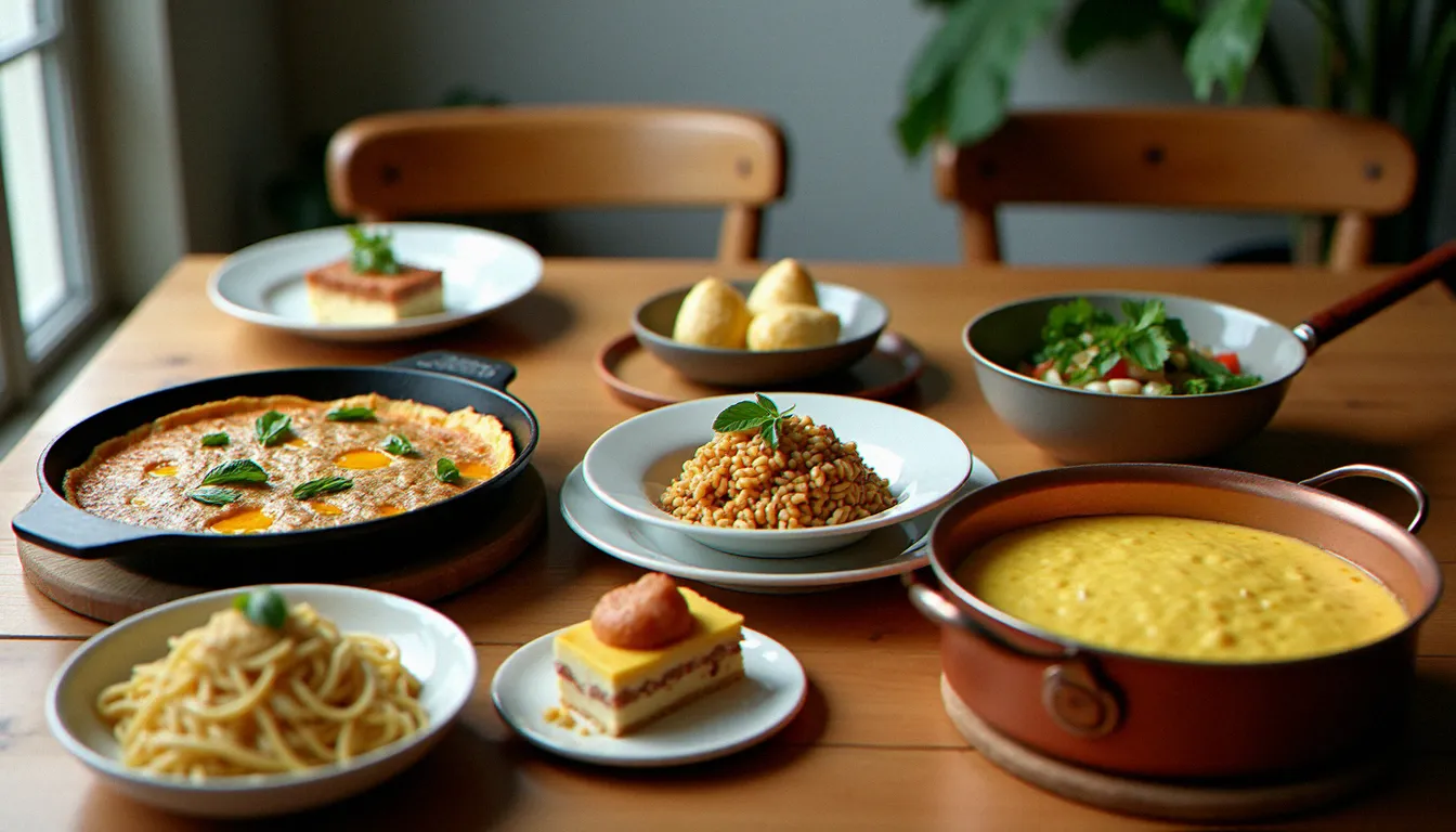Six plats italiens traditionnels sans four disposés sur une table en bois — frittata, tiramisu, risotto, pasta cacio e pepe, panna cotta et polenta