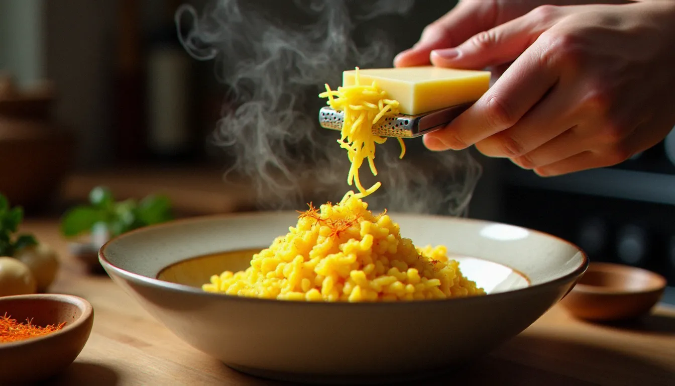 Mains râpant du Parmigiano Reggiano affiné sur un risotto alla milanese au safran fumant, recette italienne sans four typique de la cuisine lombarde