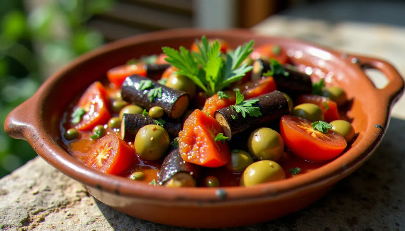 Caponata siciliana traditionnelle dans un plat en terre cuite, légumes mijotés sans fromage à l'huile d'olive et aux câpres de Pantelleria