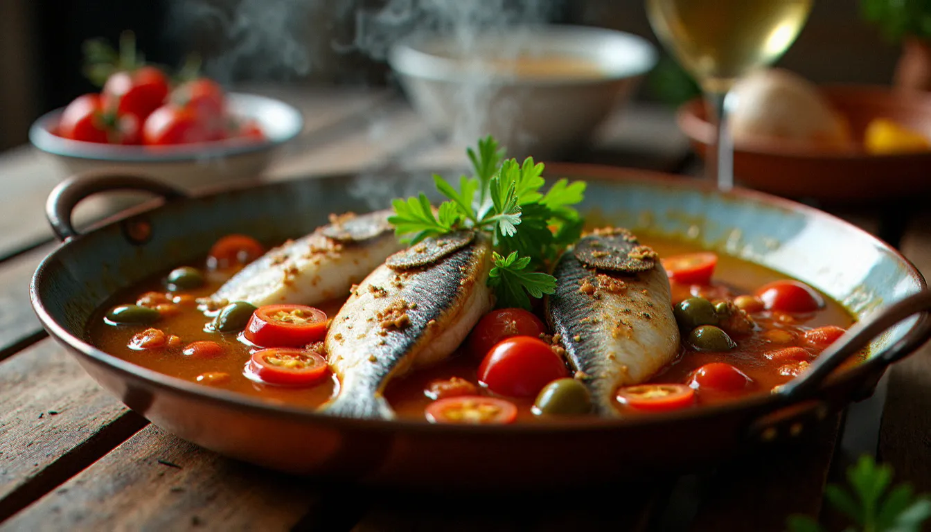 Dorade entière cuisinée all'acqua pazza avec tomates cerises et câpres, recette italienne sans fromage typique de la cuisine napolitaine