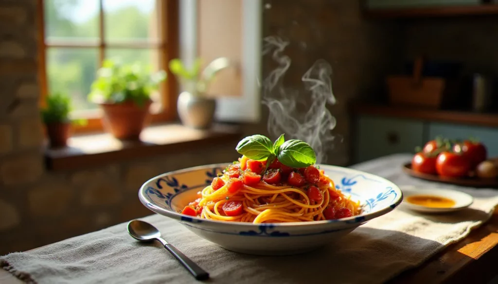 Un bol de spaghetti al pomodoro sans fromage avec sauce tomate San Marzano et basilic frais, exemple parfait de recette italienne sans fromage