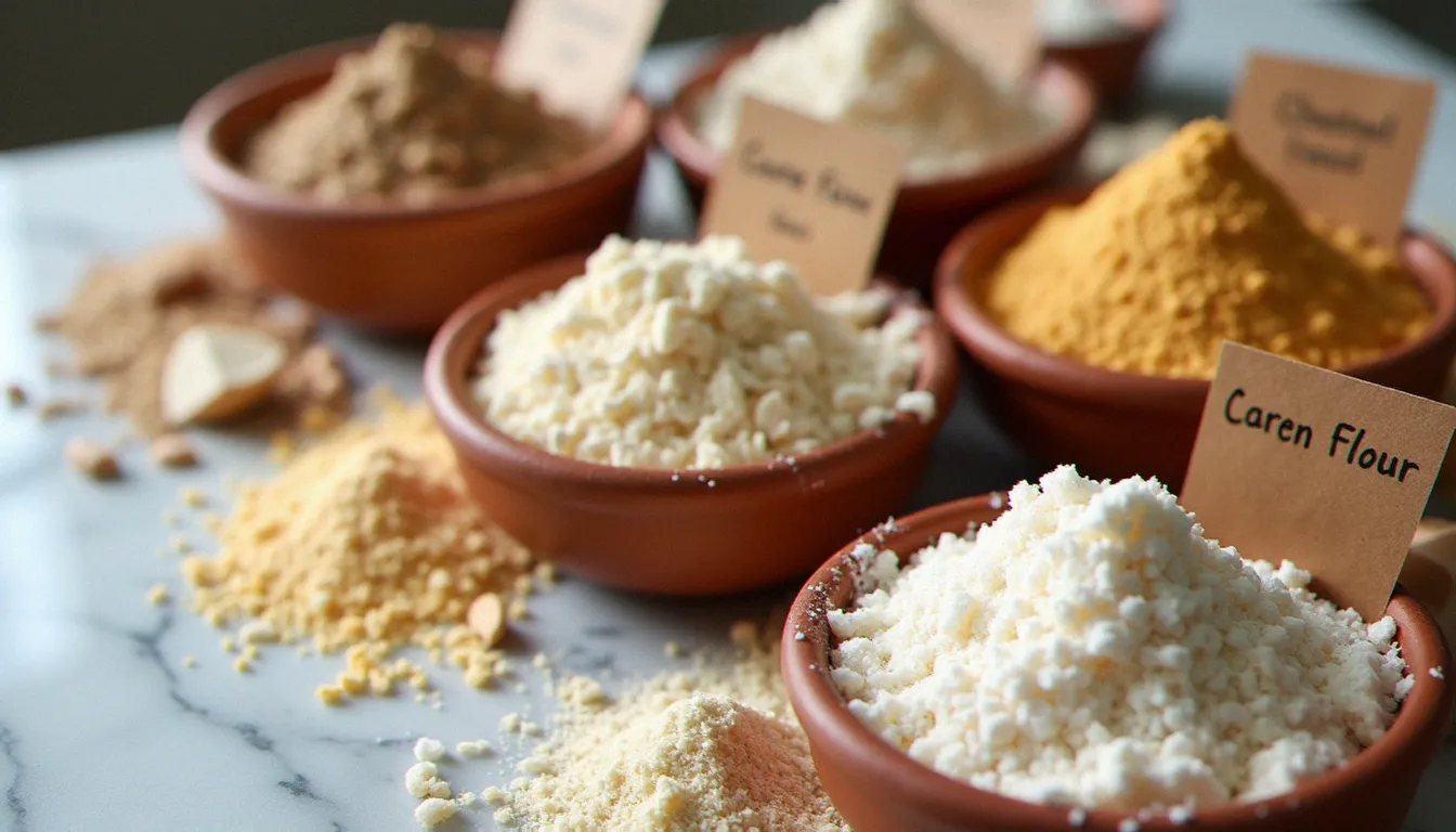 Assortiment de farines italiennes sans gluten dans des bols en terre cuite sur marbre blanc — farine de riz, de châtaigne, de pois chiche et fécule de maïs, lumière naturelle zénithale