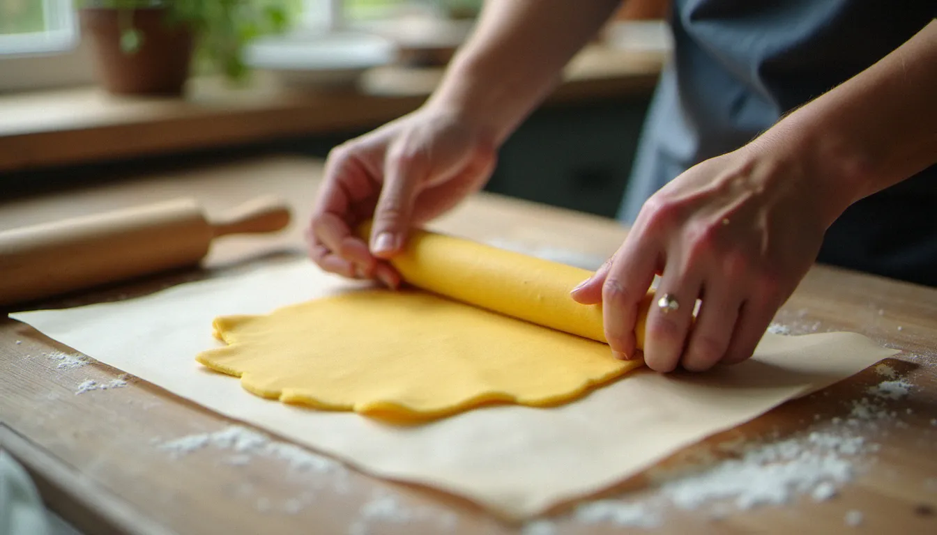 Mains féminines étalant une pâte à pâtes sans gluten entre deux feuilles de papier sulfurisé sur une planche en bois, lumière douce de fenêtre de cuisine, atmosphère artisanale italienne