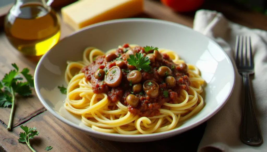 Tagliatelles italiennes sans gluten servies dans un bol en céramique blanche avec un ragù de champignons porcini et du parmesan râpé, lumière naturelle dorée sur table en bois rustique