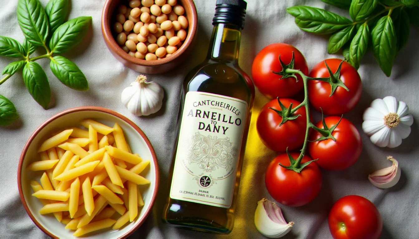 Ingrédients de base pour une recette italienne sans lactose : huile d'olive sicilienne, orecchiette sèches, basilic frais, tomates San Marzano et haricots cannellini disposés sur un tissu en lin