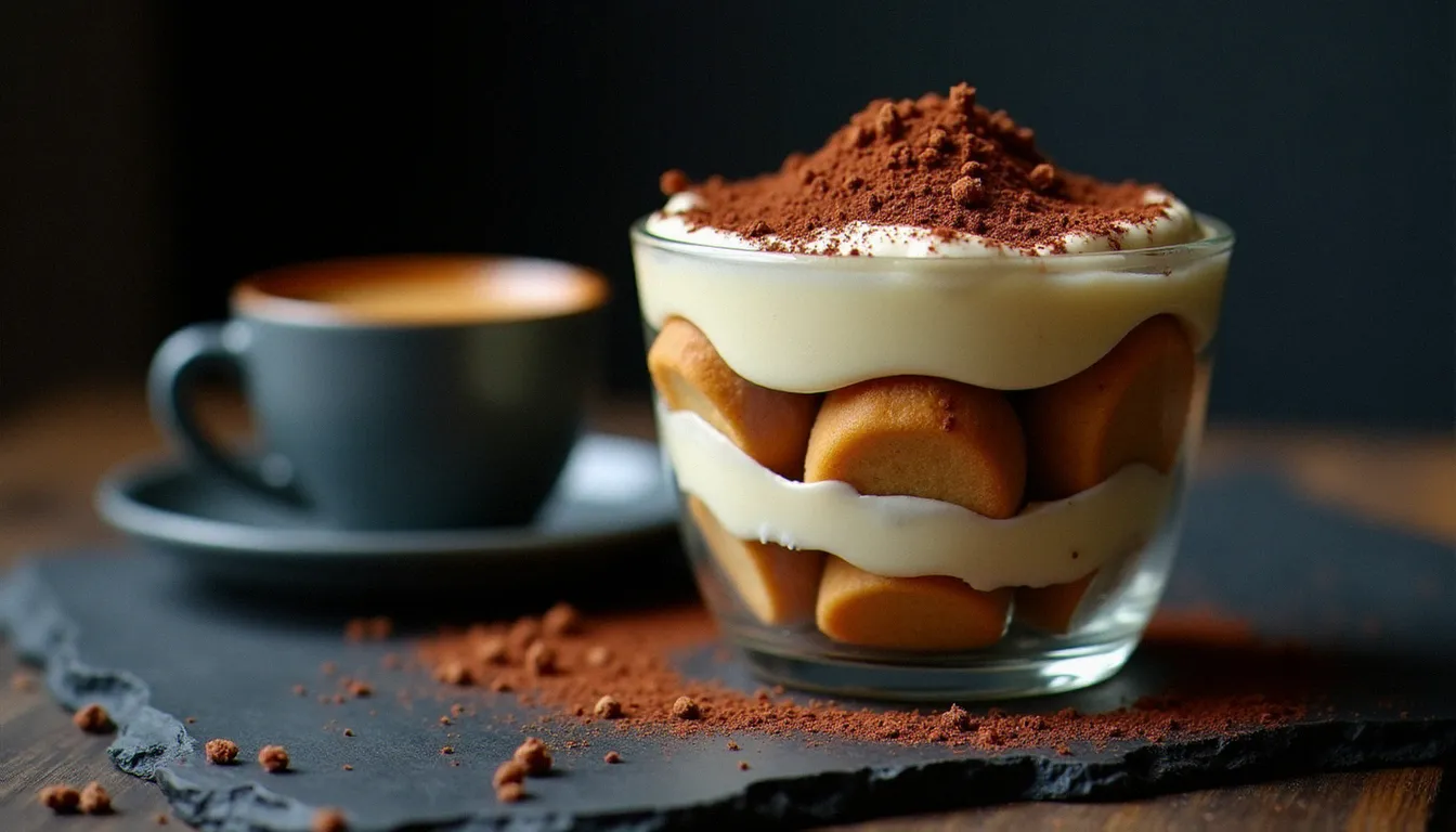 Tiramisu sans lactose à la crème de cajou dans une verrine en verre, saupoudré de cacao amer, avec une tasse d'espresso, version italienne sans lactose du dessert classique