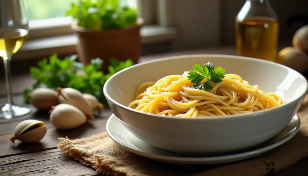 Assiette de spaghetti alle vongole sans lactose dressée dans un bol en céramique blanche, avec des palourdes fraîches, de l'ail et du persil plat, une recette italienne sans lactose authentique
