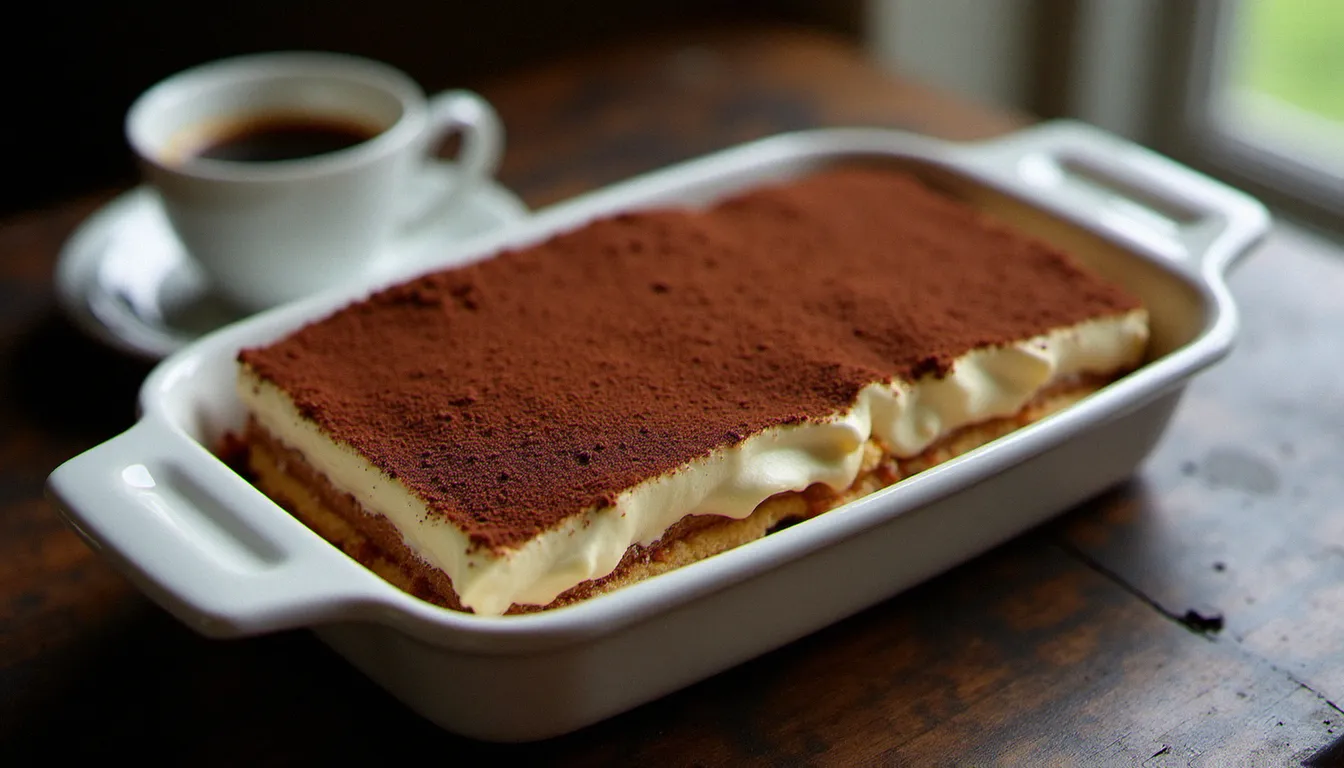 Tiramisu traditionnel en coupe révélant les couches de mascarpone et de biscuits savoiardi, dessert italien sans pate iconique de la gastronomie vénitienne