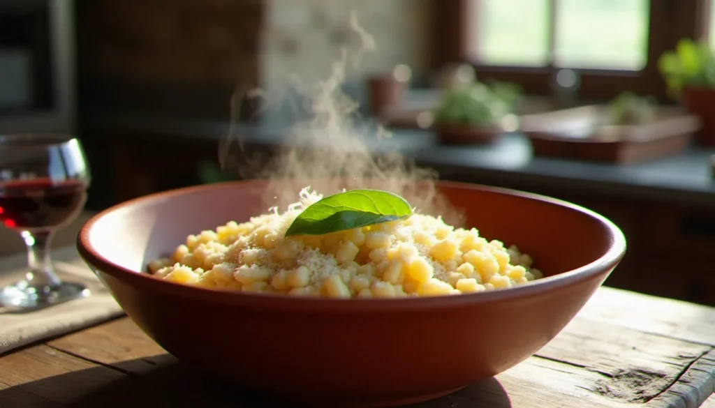 Risotto au barolo et radicchio servi dans un bol en terre cuite sur une table rustique piémontaise, recette italienne sans pate typique du Nord de l'Italie