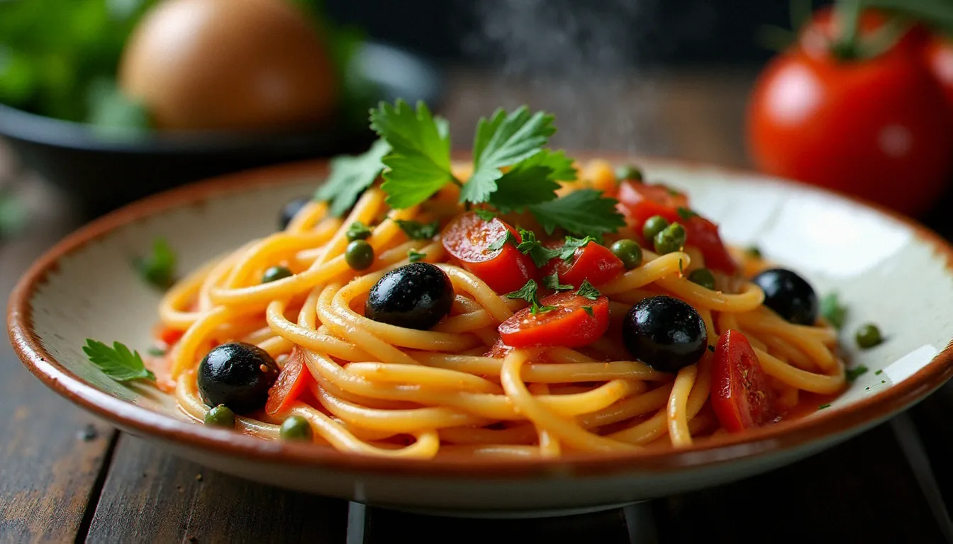 Bol fumant de pasta puttanesca italienne sans porc avec olives noires, câpres et sauce tomate sur assiette en céramique rustique