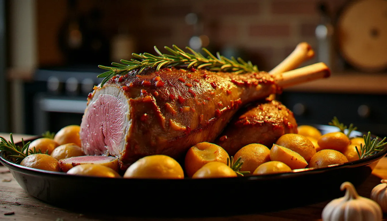 Gigot d'agneau rôti à l'italienne avec romarin et ail, accompagné de pommes de terre dorées dans un plat en terre cuite, recette italienne sans porc