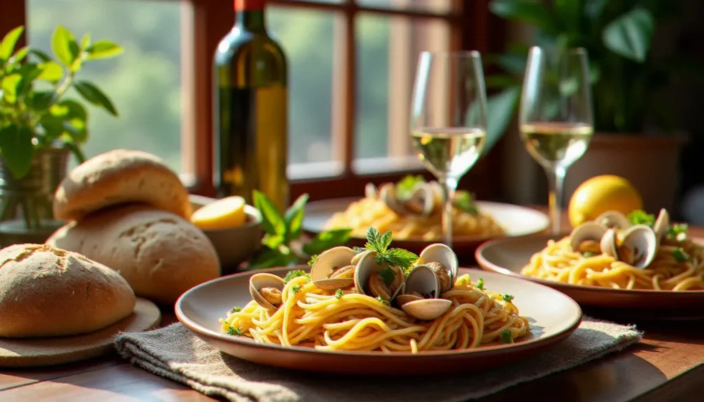 Table italienne authentique dressée avec des recettes italiennes sans porc : spaghetti alle vongole, herbes fraîches, citron et vin blanc sur nappe en lin
