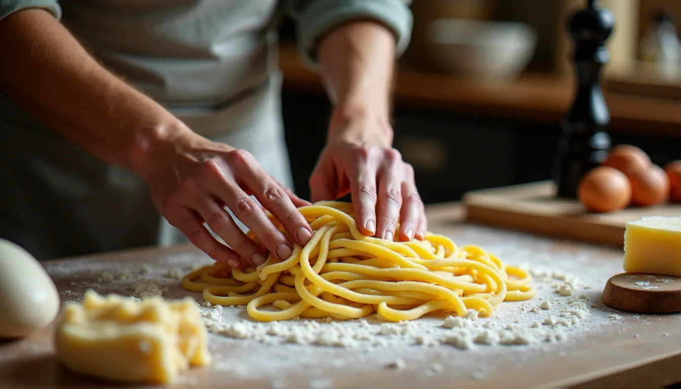 Mains pétrissant une pâte fraîche pour des pâtes italiennes maison sans tomate, avec des œufs et du pecorino romano en arrière-plan sur un plan de travail fariné