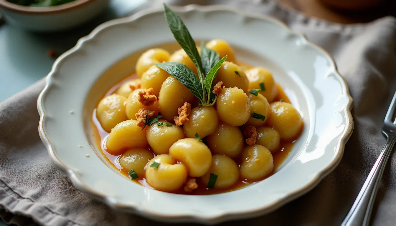 Assiette de gnocchi al burro e salvia nappés de beurre noisette et feuilles de sauge croustillantes, une recette italienne sans tomate traditionnelle du nord de l'Italie