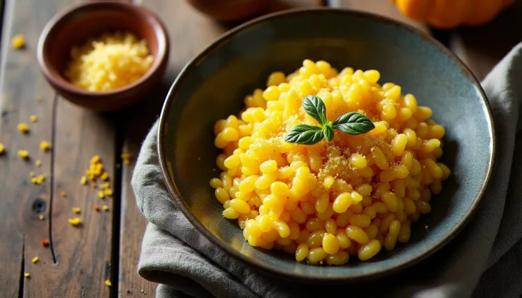 Bol de risotto alla milanese coloré au safran, parsemé de copeaux de parmesan, une recette italienne sans tomate emblématique du nord de l'Italie