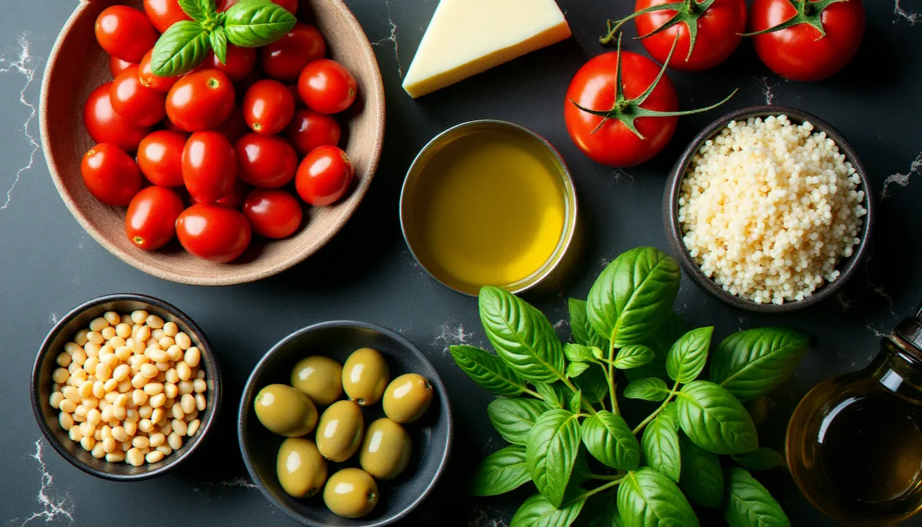 Vue du dessus des ingrédients essentiels pour une recette italienne sans viande : haricots secs, tomates San Marzano, riz Carnaroli, parmesan et huile d'olive sur marbre sombre