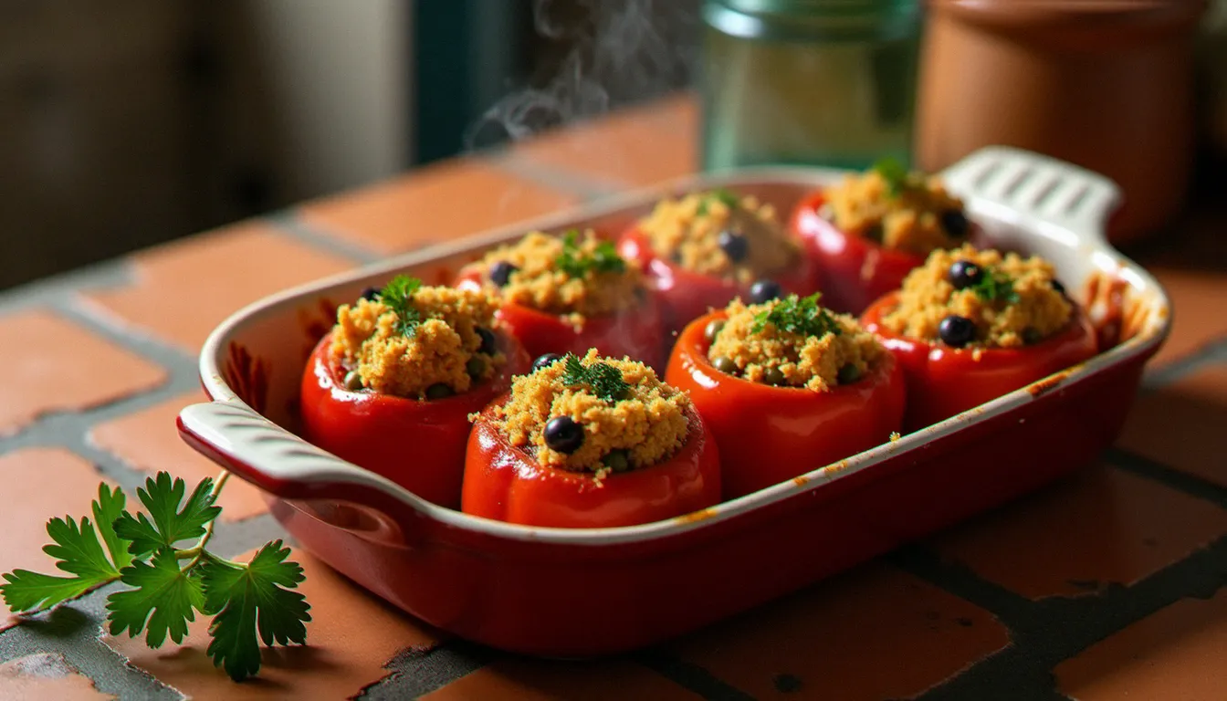 Poivrons rouges farcis à la sicilienne dorés au four dans un plat en céramique, garniture à la chapelure dorée et câpres visibles, typique d'une recette italienne sans viande du sud de l'Italie