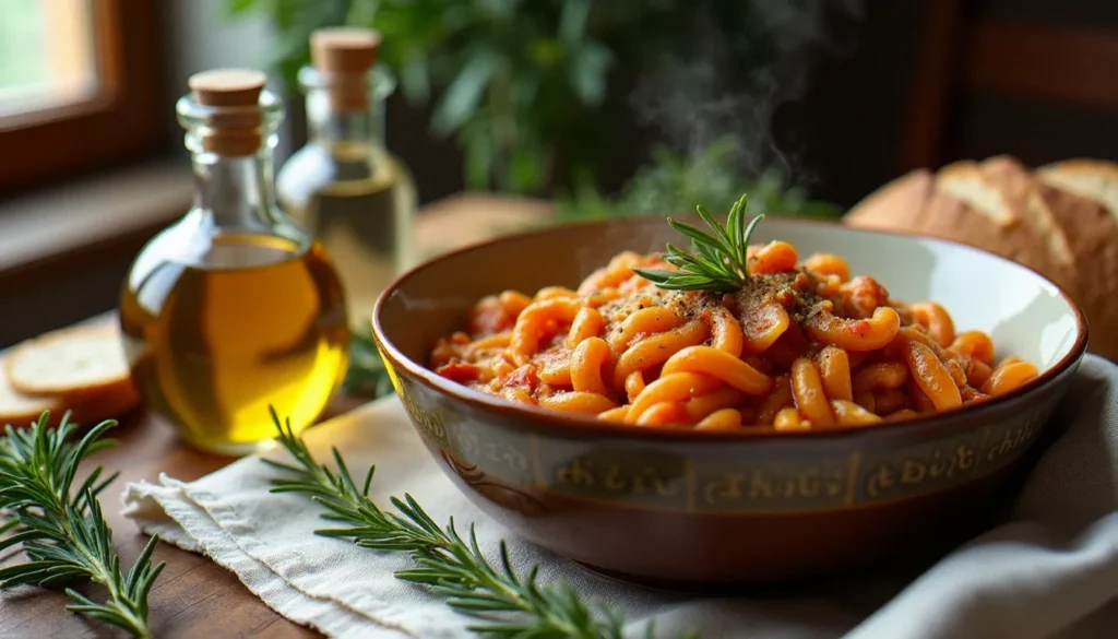 Un bol de pasta e fagioli fumant posé sur une table rustique italienne, entouré d'herbes fraîches et d'huile d'olive, illustrant une recette italienne sans viande