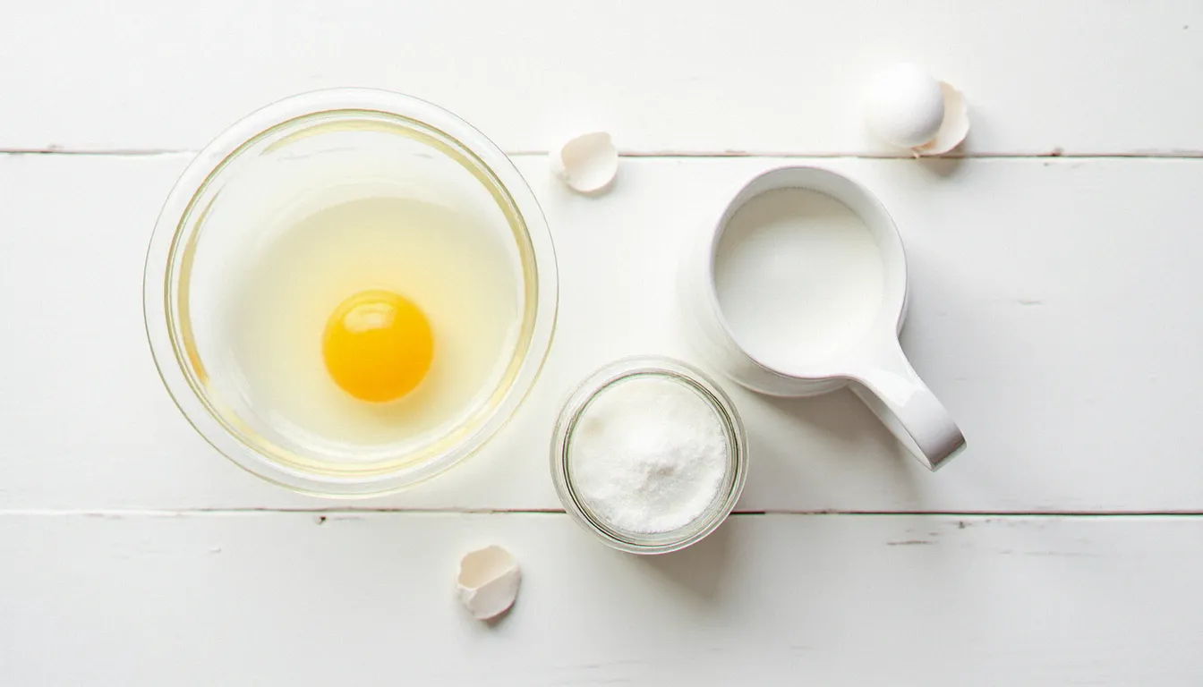 Les trois ingrédients essentiels de la meringue italienne — blancs d'œufs frais, sucre semoule blanc et eau — disposés en vue aérienne sur une table en bois blanc