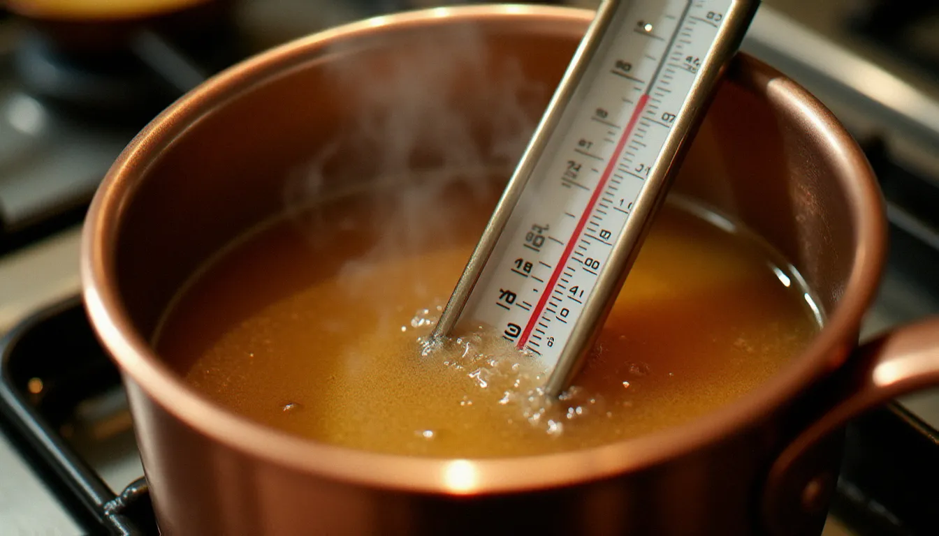 Thermomètre de cuisine plongé dans un sirop de sucre bouillonnant dans une casserole en cuivre, indiquant la plage de température idéale de 118 à 121 °C pour réussir la meringue italienne