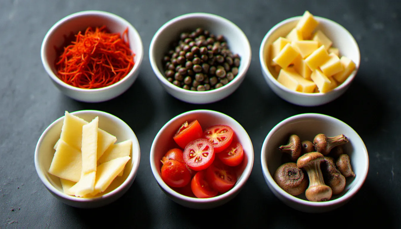 Six ingrédients emblématiques des grandes régions italiennes présentés dans des bols en céramique blanche sur ardoise : safran, truffe, câpres, tomates, parmesan et cèpes