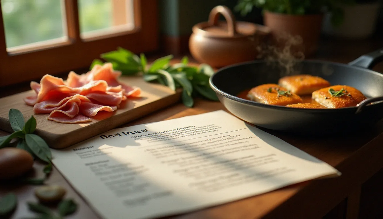 Préparation d'un saltimbocca alla romana avec prosciutto et sauge fraîche sur un plan de travail en bois, recette traditionnelle italienne imprimée à côté