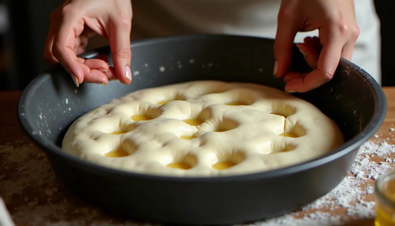 Mains creusant les fossettes caractéristiques dans une pâte à focaccia crue dans un plat de cuisson huilé, étape clé de la recette italienne authentique