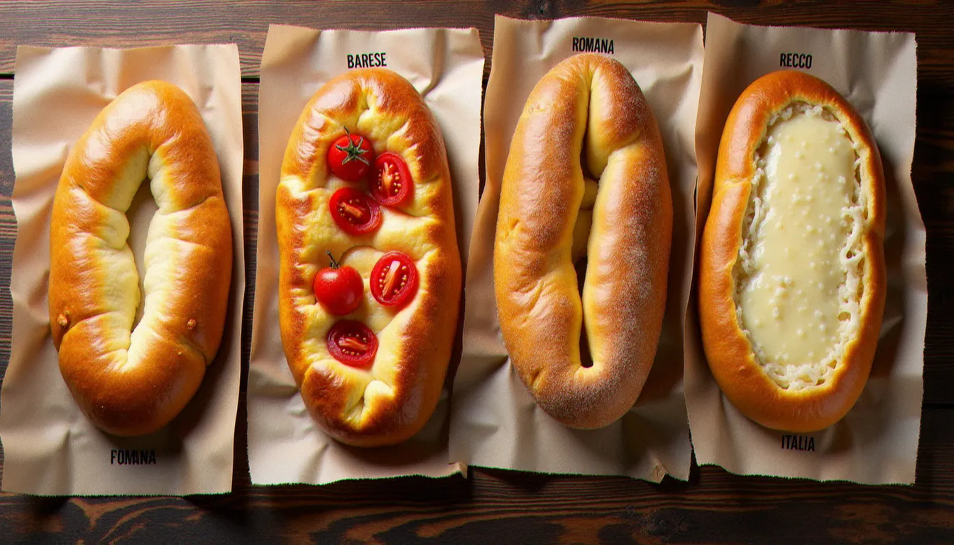 Quatre variantes régionales de focaccia italienne présentées côte à côte sur une table en bois, illustrant la diversité de la spécialité italienne focaccia recette à travers les régions d'Italie