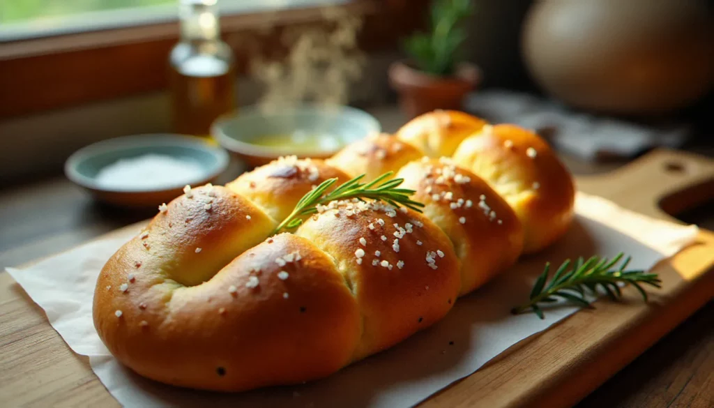 Focaccia génoise fraîchement sortie du four, dorée et brillante d'huile d'olive, avec fossettes et fleur de sel, illustrant la spécialité italienne focaccia recette