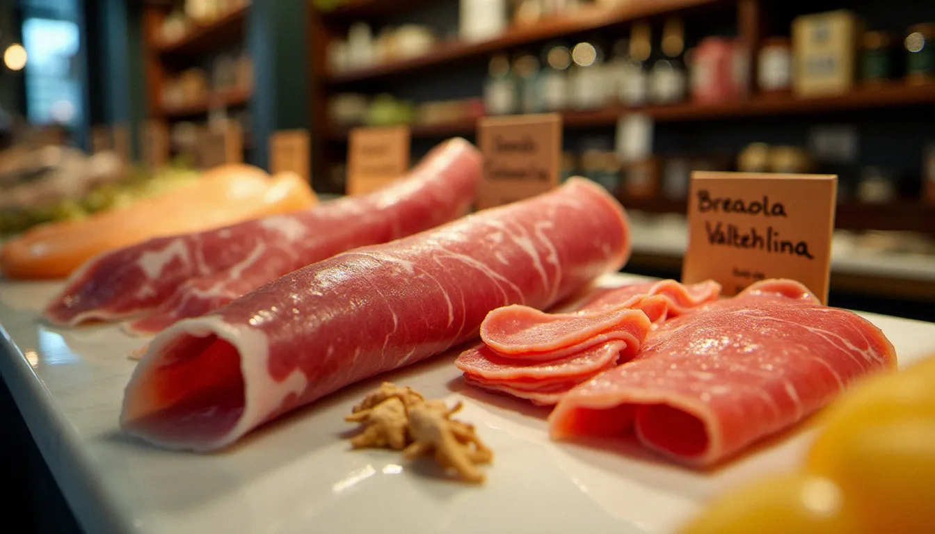 Vitrine froide d'une épicerie fine italienne avec bresaola et lardo di Colonnata IGP étiquetés avec le nom du producteur