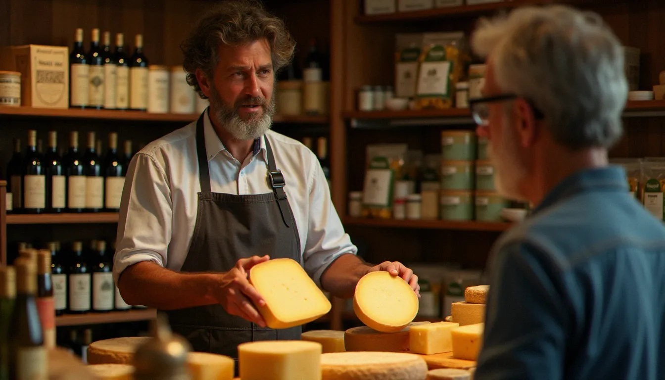 Conseiller en épicerie fine italienne présentant des fromages affinés à une cliente, rayon produits italiens authentiques en arrière-plan