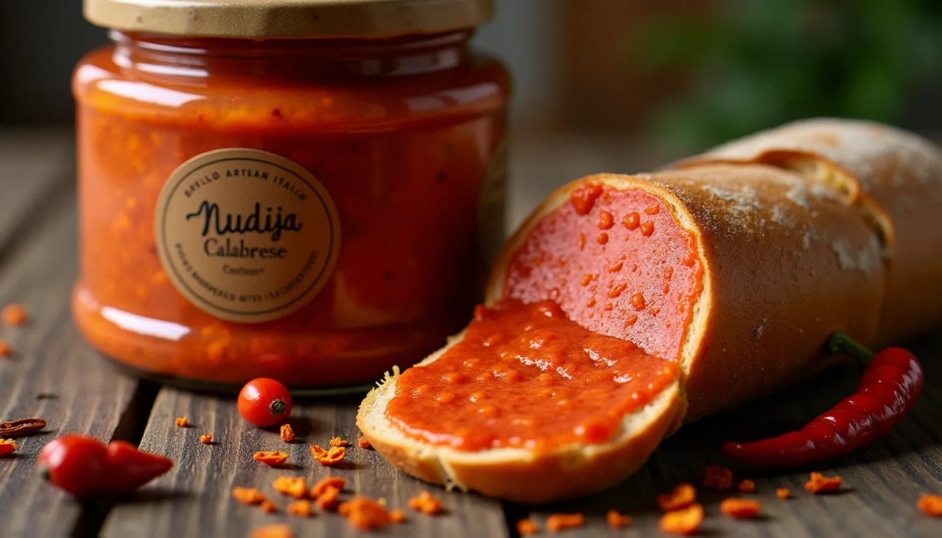 Bocal artisanal de 'nduja calabraise et tartine sur pain au levain, ingrédient phare de la cuisine italienne 2025