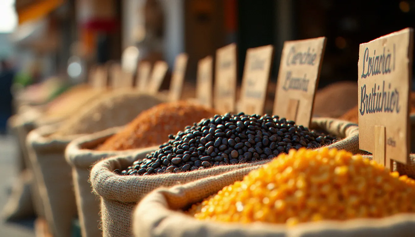 Étal de marché italien avec légumineuses anciennes en vrac — cicerchie, lentilles de Castelluccio et farro — reflet de la durabilité en cuisine italienne 2025