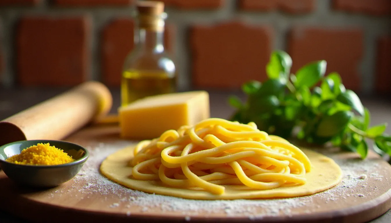 Table de cuisine italienne rustique avec pâtes fraîches maison, colatura di alici, parmesan AOP et huile d'olive artisanale — tendances 2025 cuisine italienne