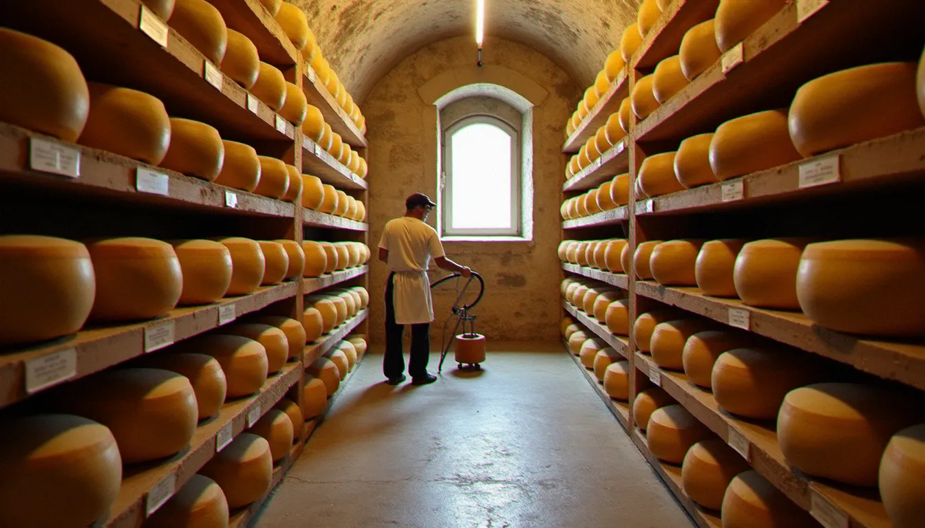 Cave d'affinage italienne avec des centaines de meules de fromage sur des étagères en bois, un affineur retournant une meule à la main
