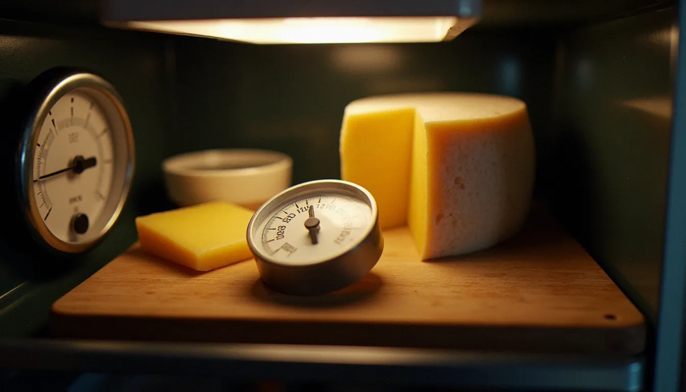 Fromage artisanal en cours d'affinage maison sur une planche en bois dans un mini-frigo dédié, avec croûte dorée visible et hygromètre en arrière-plan