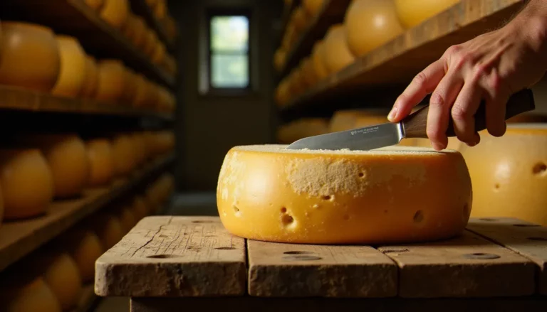 Affineur coupant une meule de Parmigiano Reggiano affiné dans une cave d'affinage traditionnelle, avec d'autres meules visibles en arrière-plan
