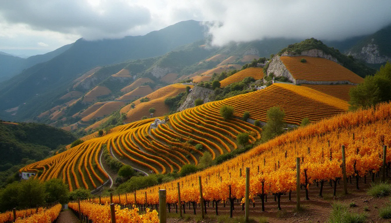 Vue aérienne des vignes en terrasses sur les pentes du Monte Taburno en Campanie, sols argileux et volcaniques visibles entre les rangs de vigne en automne