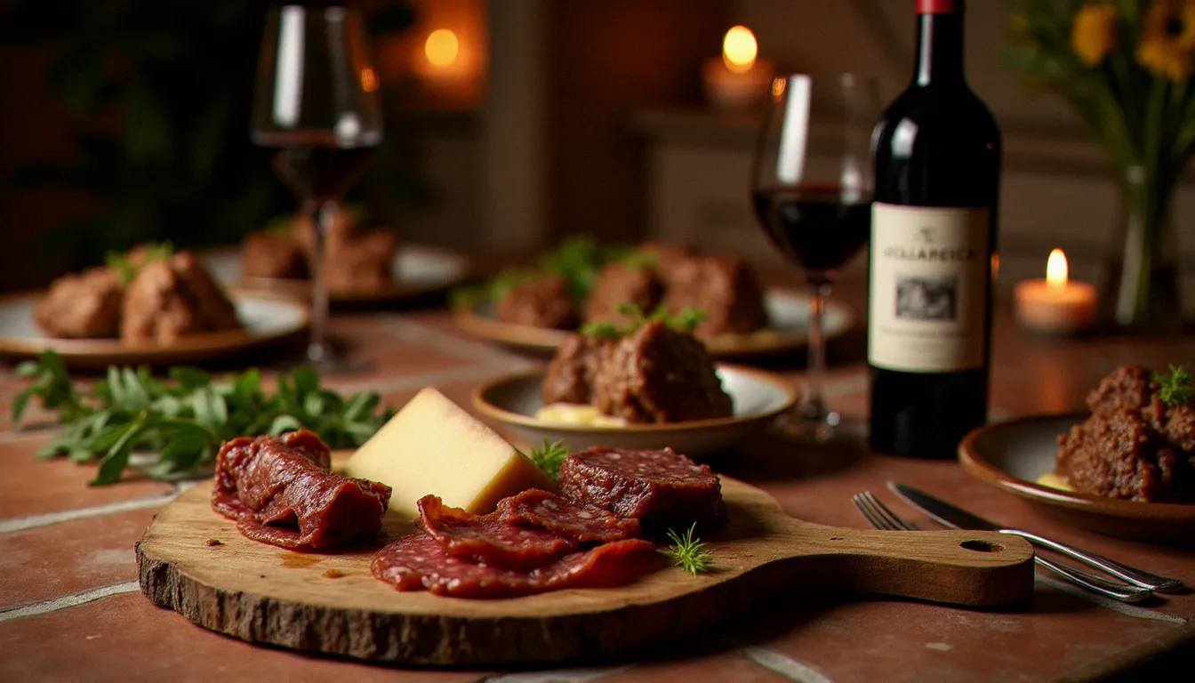Table rustique italienne avec une bouteille d'Aglianico del Taburno, plateau de pecorino vieux et soppressata, plat d'agneau braisé, lumière de bougie chaleureuse