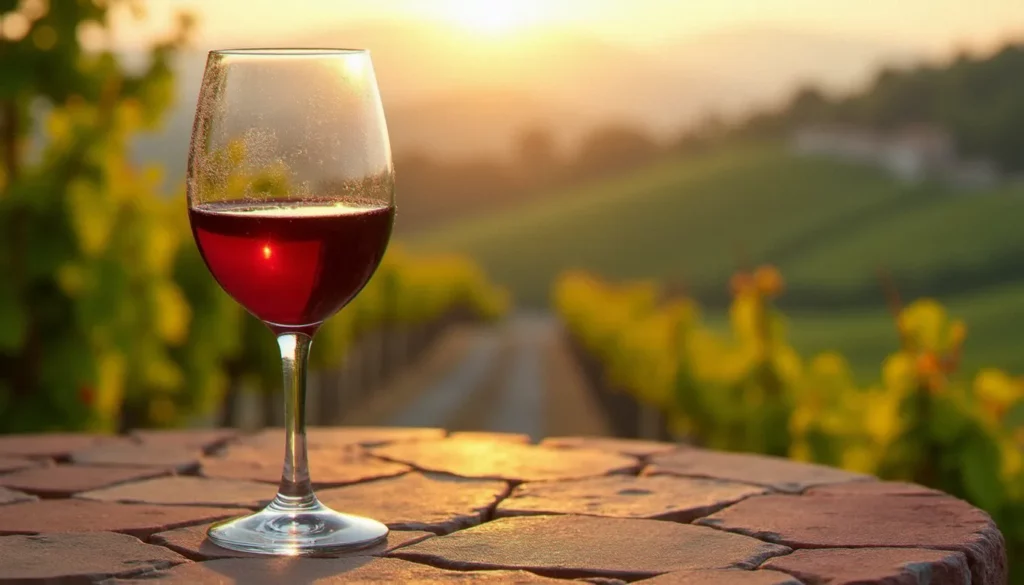 aglianico del taburno featured Verre d'Aglianico del Taburno rouge grenat profond posé sur une table en pierre, vignoble campanien en arrière-plan flou