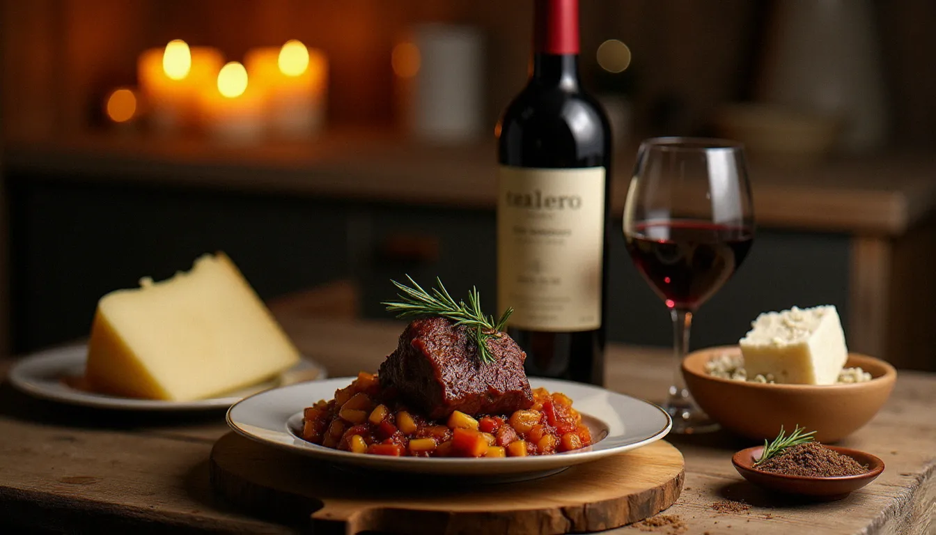Table rustique italienne avec une bouteille de vin rouge du Vulture, agneau braisé au romarin et pecorino affiné, accord mets-vins traditionnel de Basilicate